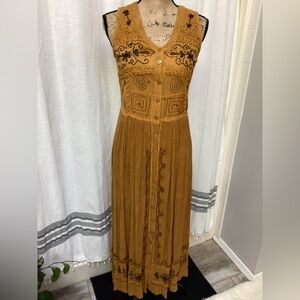 Chic Embroidered Tan Midi Dress